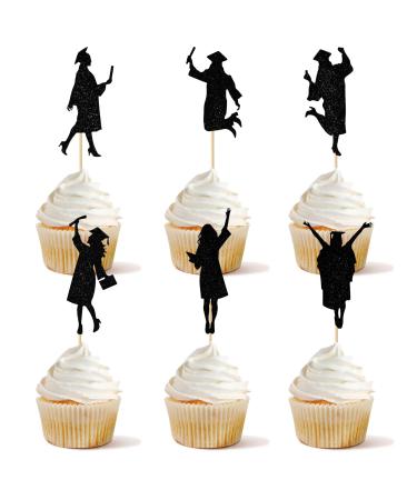 24 PCS Student Graduation Cupcake Toppers Glitter Class of 2024 Girls Graduation Silhouette Cupcake Picks for 2024 Graduation Theme Party Cake Decorations Supplies Silhouette Black