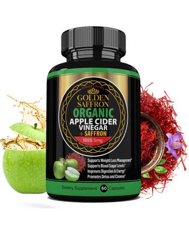 Golden Saffron 100% Organic Apple Cider Vinegar Pills 1800 mg Plus 88.8 Saffron Extract - 2 in 1 Supplement, Natural Digestion, Immune Booster Support & Cleansing Supplement with Probiotics 60 Count (Pack of 1)
