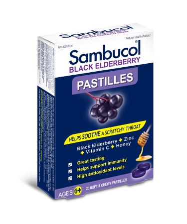 Sambucol Black Elderberry Pastilles | Quickly Soothes Sore Dry & Scratchy Throat Symptoms | Immune Support & Antioxidant | Ideal for Ages 6+ | Gluten & Nut Free | 20 Soft & Chewy Pastilles blue