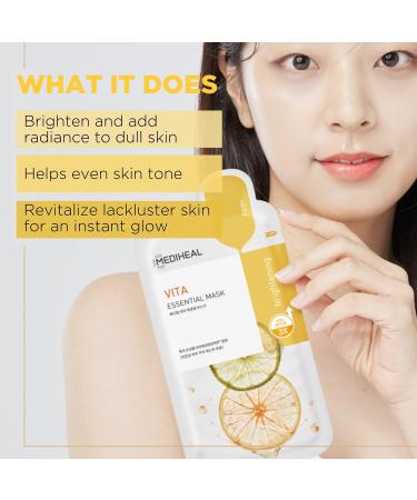 MEDIHEAL Vita Essential Face Mask - 10 Sheets Vitamin Mask for All Skin Types - Smoothing, Tightening, Toning, Brightening - Korean Sheet Mask - Buy Online on GoSupps.com