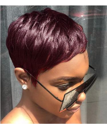 HOTKIS Short Wigs Human Hair Short Pixie Wigs for Black Women Short Wigs Human Hair Pixie Cut Wigs for African Americans Burgundy Short Pixie Wigs (99J)
