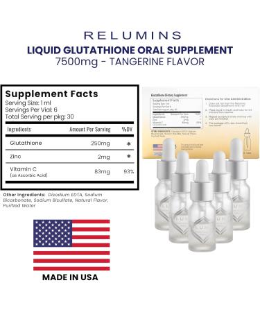 Relumins Liquid Glutathione Oral Supplement 7500mg Advanced Formula with Vitamin C Booster Fast Absorbing Tangerine Flavor Vegan Halal & Kosher Certified 5 Mini Bottles 7500mg Tangerine - Buy Online on GoSupps.com