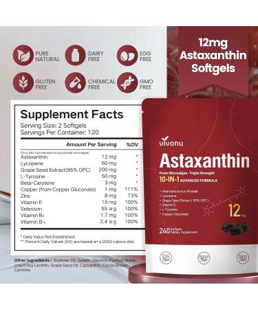VivoNu Astaxanthine 12 mg 240 G lules pour 4 Mois | Compl ment Antioxydant Premium | Source de Microalgues Fra ches | Sans Additifs 12mg - 240 Unit - 1 Sac - Buy Online on GoSupps.com