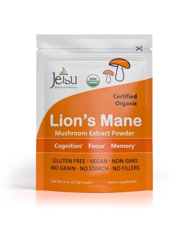 Jetsu Lions Mane Mushroom Powder  Organic  Vegan  Non-GMO Extract Supplement. Nootropic to Support Brain Health  Boost Neuron Growth and Your Immune System for Clarity and Focus. (227g)