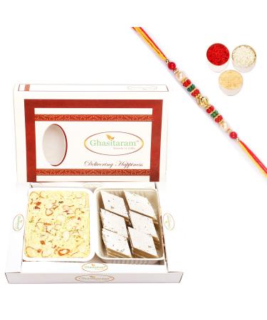 Ghasitaram Gifts Rakhi Gifts for Brothers Rakhi Sweets - Kaju Katli and Soan Papdi Hamper with Pearl Beads Rakhi