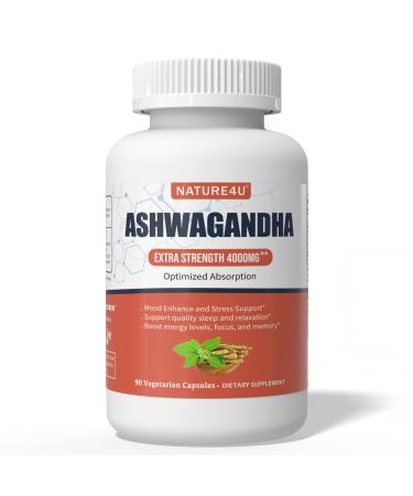 Nature4U Ashwagandha 4000mg Extra Strength Optimized Absorption with Black Pepper and Ginger Root Natural Adaptogen Mood & Stress Support Sleep & Energy Support 90 Vegan Capsules