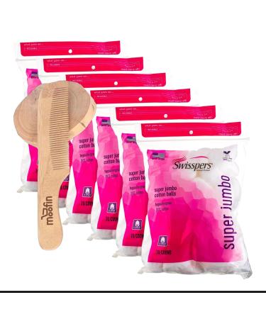 Jinglebely Super Jumbo Cotton Balls 100% Pure Cotton 70 Count | Bundled with Moofin Wooden Comb Extra-Large for Beauty & Personal Care Thick Cotton - Pack of 6