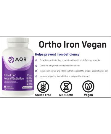 AOR - Ortho Iron Vegan 264mg 60 Capsules - Iron Deficiency Supplement - Healthy Red Blood Cell Supplement - Iron Supplement for Men and Women - Superior Absorption & Gastric Tolerability 60 count (Pack of 1) 264 mg - Buy Online on GoSupps.com