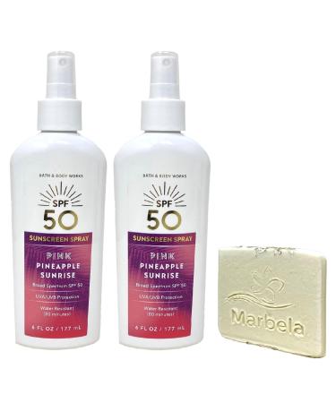 Bath & Body Works Pink Pinepple Sunrise 2 Pack SPF 50 Sunscreen Spray Set with a Natural Oats Sample Soap