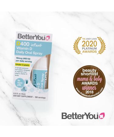 BetterYou Vitamin D 400 IU Infant Oral Spray | Pill-Free D3 Supplement for Kids Under 3 | Gentle UK-Made Formula | 3-Month Supply - Buy Online on GoSupps.com