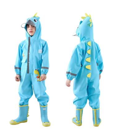 Fewlby Kids Puddle Suit Rain Suit Boys Girls All in One Waterproof Overalls Toddler Muddy Suit Hooded Raincoat Rainwear Cartoon Romper M Size 3-4 Years 3-4 Years Blue