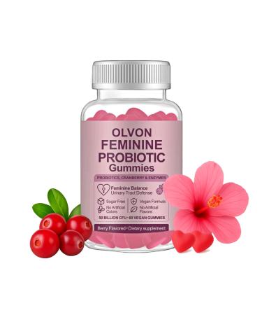 OLVON Feminine Probiotic Gummies - Vaginal & Urinary Tract Health - 50 Billion CFU with Cranberry Enzymes & D-Mannose - Vegan Sugar Free - Berry Flavor - 60 Gummies