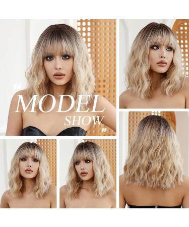 OUFEI Ombre Blonde Wigs for Women Short Wavy Wig With Bangs Natural Synthetic Hair Heat Resistant Wigs for Daily Party Cosplay Wear Ombre blonde(1118-1) - Buy Online on GoSupps.com
