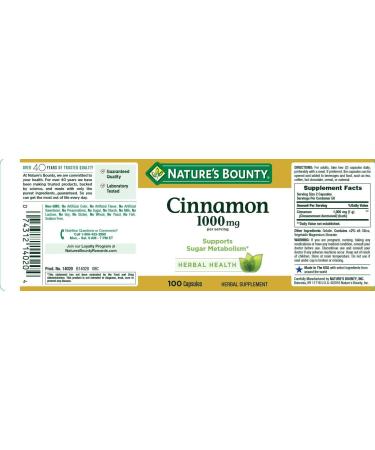 Nature's Bounty Cinnamon Herbal Supplement 1000mg - 100 Count (Pack of 3) | Supports Sugar Metabolism - Buy Online on GoSupps.com