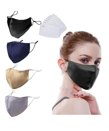 100% Mulberry Silk Face Masks for Women Fashion Face Mask with Filter Pocket 19 Momme Silk Mask with Adjustable Ear Loops 4-pack Black+navy+gold+silver