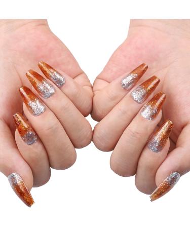 Slymeay Coffin False Nails Long Fake Nails Gold Glitter Press on Nails Acrylic False Nails for Women and Girls(tuhaojin-XS)