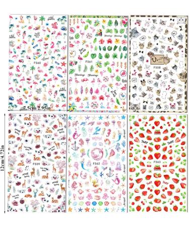 3D Self-Adhesive Nail Art Stickers - 6 Sheets Flamingo Flower Leaf Animal Seashell Fruit Design Summer Decals for Women - DIY Manicure Tips - Buy Online on GoSupps.com
