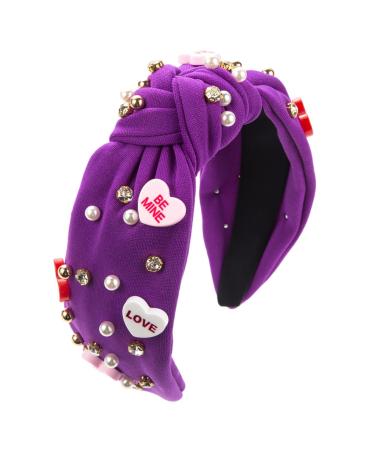 Love Heart Knotted Headband - Pink Top Knot Headband High Skull Pearl Love Heart Headband | Sophisticated Valentine's Day Headband Rhinestone Crystal Jeweled Embellished Hairband for Women Purple