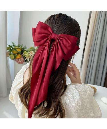 Red Hair Bow Hair Clip Hair Bows for Women Big Bowknot Hairpin French Hair Clips with Long Ribbon Solid Color Hair Barrette Clips Soft Satin Silky Hair Bows for Women Girls(Red-1pc) - Buy Online on GoSupps.com