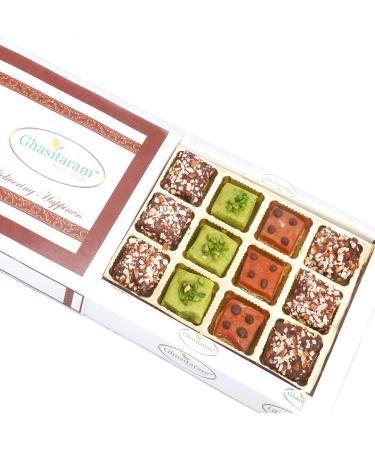 Ghasitaram Gifts Diwali Gifts Sweets- Pista Barfi Besan Barfi and English Brittle Chocolates in White Box Diwali Pista Barfi Besan Barfi & Brittle in Box