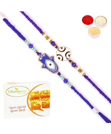 Ghasitaram Gifts Rakhi for Brother Rakhis Online - Set of 2 8928 8931 Fancy Evil Eye Rakhis with 400 GMS of Besan Barfi