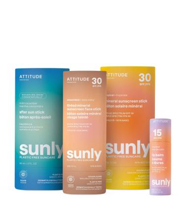 Bundle of ATTITUDE Mineral Sunscreen Stick with Zinc Oxide SPF 30 + Tinted Mineral Sunscreen Face Stick SPF 30 + Lip Balm SPF 15 + After Sun Stick Mint & Cucumber