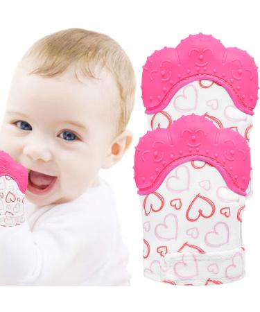 NEPAK Teething Mitten 2 Pcs-Baby Glove Stimulating Teether Toys for Boys & Girls-Teething Glove for 3-6 Months Baby (Pretty Sweet Heart Pink)