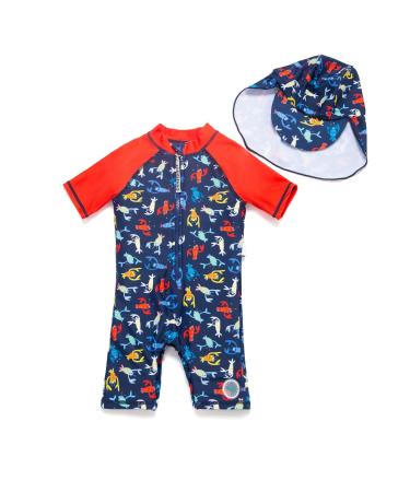BONVERANO Baby Boy All-in-one Sunsuit/Swimsuits upf 50+ Sun Protection S/S Swimming Costume with Cap. 18-24 Months Shrimp