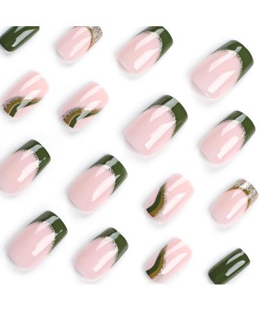 Mouyou Glow Press On Nails - Short Square Nude Dark Green French Gold Glitter Art with Nail Glue | Fashionable Fake Nails for Stunning Designs - Buy Online on GoSupps.com