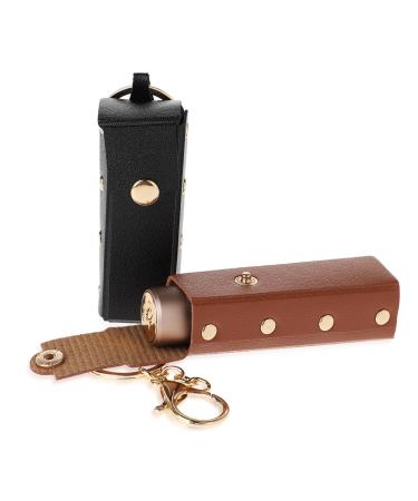 TIESOME 2 Pcs Lipstick Keychain Holder Chapstick Holder Portable Soft Leather Lipstick Case black brown