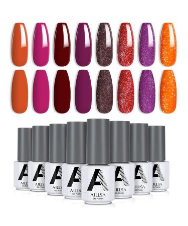 AILLSA Gel Nail Polish Set Red, Glitter Gel Nail Polish Kit, Orange Purple Nail Polish Set, Soak Off UV Gel Polish Kit 2022 Spring Summer, Nail Art Manicure Holiday Gifts Set for Women Girls 8 Colors Berry Red