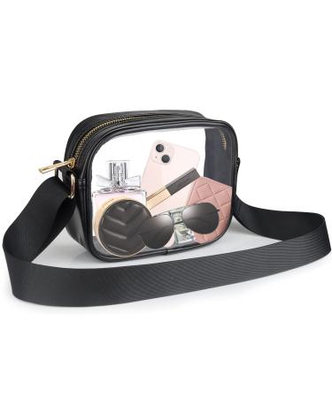 Clear Bag Stadium Approved, MOMSIV Leather Clear Crossbody Bag with Adjustable Strap Clear Stadium Bag for Concerts Sports Black
