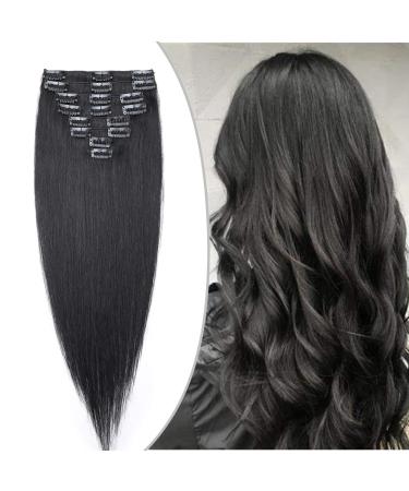 Clip In Extensions Human Hair Black #1 - Real Remy Human Hair Extensions 8 Wefts 18 Clips Hair Extension 80g - 45cm