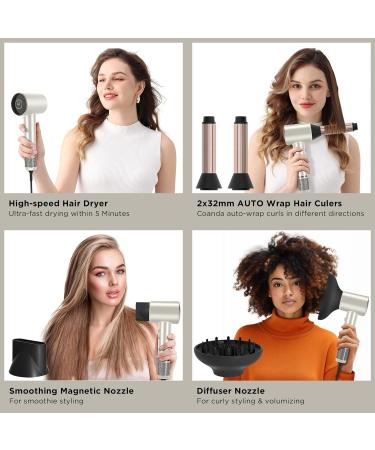 PARWIN PRO BEAUTY Air-Sonic Hair Dryer with Diffuser & Auto-Wrap Curlers - High Speed Ionic Blow Dryer with HD-LED Display | Champagne Silver Professional - Buy Online on GoSupps.com