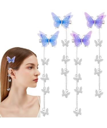 4 Pcs Butterfly Hair Pin Tassel Butterfly Hair Clips Fabric Butterflies Hair Barrettes Bobby Pins Hair Accessories for Women and Girls 4 pink + blue