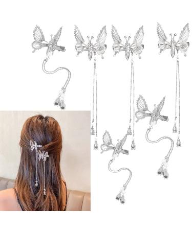 Flymind 6Pcs Moving Butterfly Tassel Hair Clips  Elegant Tassel Butterfly Hairpin Antique Side Clip Will Move Hairpins Decorative Hair Accessories for Women Girls (Silver)