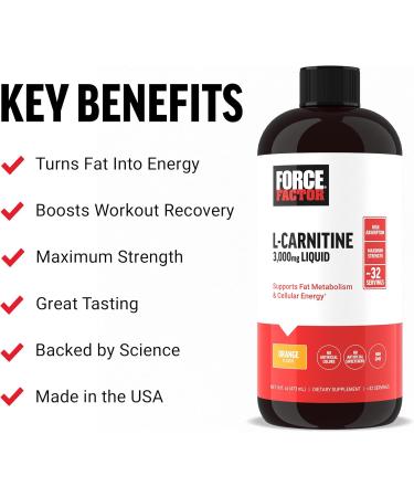 Force Factor L-Carnitine Supplement 3000 mg - Liquid Fat Burner Muscle Recovery Non-GMO Orange Flavor 16 Oz - Buy Online on GoSupps.com