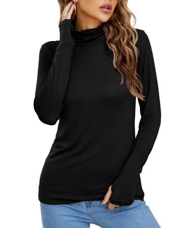 LUYAA Women's Long Sleeve Turtleneck Lightweight Slim Active T Shirts Thumb Holes for Fall Spring Winter Large Black
