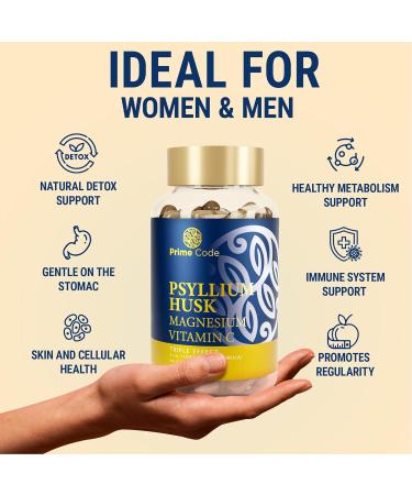 Prime Code 3   Psyllium Husk Capsules with Magnesium Citrate and Vitamin C | Psyllium Husk Capsules 1000mg | Magnesium Citrate 200mg | Vitamin C 250mg | Non-GMO | Gluten & Soy Free | Vegan - Buy Online on GoSupps.com