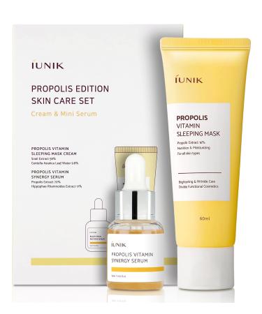 iUNIK Propolis Edition Skincare Set (Sleeping Mask 2.02 fl.oz. & Mini Serum 0.51 fl.oz.) - Featuring Propolis and Buckthorn Fruit Extracts to Infuse and Revitalize Skin with Moisture and Vitamins