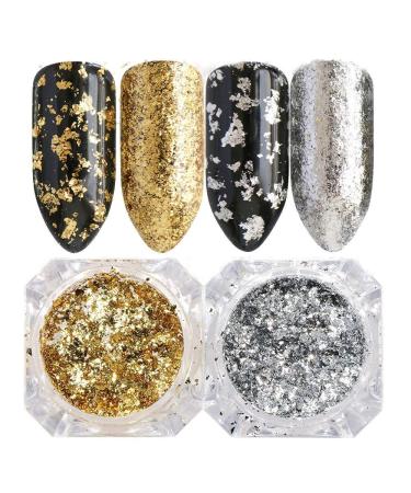 Nail Foil Holographic Glitter Nail Powder Kit Nail Art Gold Silver Glitter Aluminum Flakes Magic Mirror Effect Powders Sequins Nail Gel Polish Chrome Pigment Decorations 2 Box/Set (Gold/Silver)