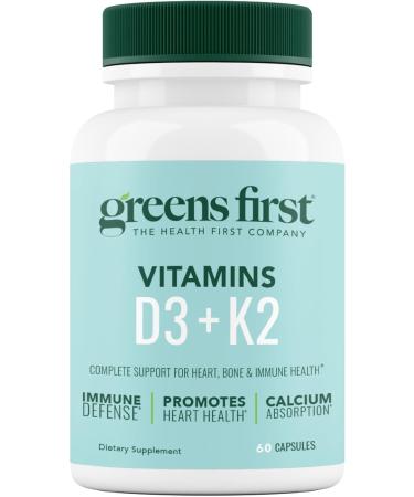 Greens First Vitamins D3+K2 - Support for Heart Bone Vascular and Immune Health - Made with Vitamin D3 & Vitamin K2-60 Vegetable Capsules - Buy Online on GoSupps.com