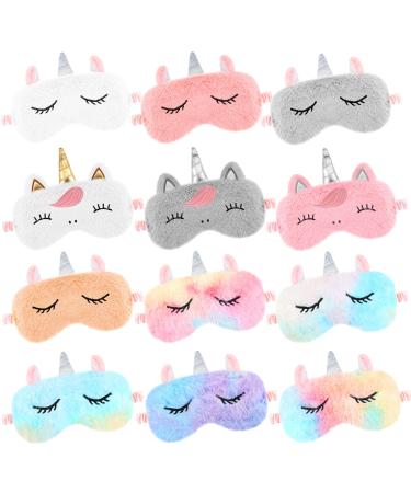 Newcotte 12 Pcs Unicorn Sleep Mask Rainbow Unicorn Plush Eye Covers Soft Eye Mask for Sleeping Bulk Funny Sleeping Mask Sleep Blindfold for Women Night Party Travel Nap Lunch Break