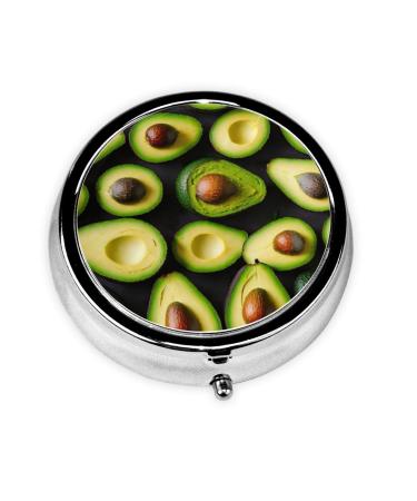 Avocado Pattern Print Metal Iron Plating Round Mini Medicine Storage Box Portable Pill Box Travelling Pill Black Black One Size