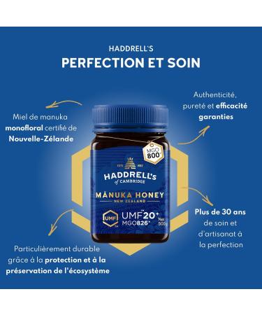 Haddrell's of Cambridge Miel de Manuka MGO 800+ (UMF 20+) 500g - Certifi de Nouvelle-Z lande - Riche en M thylglyoxal - Durable cru et haute teneur en MGO - Miel de qualit sup rieure - Buy Online on GoSupps.com