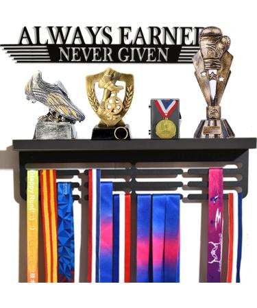Trophy and Medal Display Shelf , Medal Holder Display with Wooden Trophy Shelf , Medal Hanger Display , Race Medal Rack for Gymnastics Always Earned Never Given with 50+Easy to Install (Black)