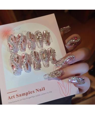 IMSOHOT Long Press on Nails - Coffin Glitter Fake Nails with Shiny Pink Rhinestones | Luxury Ballerina Acrylic Nails for Women (24 Pcs) - Glue on False Nails 61-A07 - Buy Online on GoSupps.com