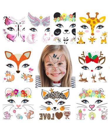 Fanoshon Animal Temporary Face Tattoo Sticker Set for Kids Adults  Water Transfer Butterfly Panda Deer Giraffe Fairy Floral Festival Body Paint Makeup Decoration Stickers for Halloween A Animal Face