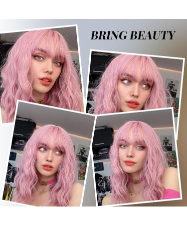 Testar 14-inch Pastel Pink Wavy Bob Wig for Women | Short Purple Rosa Synthetic Cosplay Wig | Naturally Looking Loose Waves - Buy Online on GoSupps.com