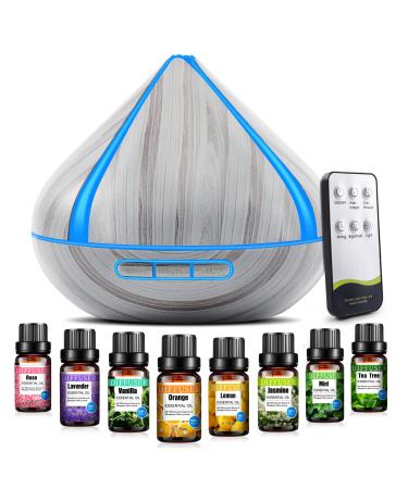 500ML Scented Oil Diffusers with 8 Essential Oils Set Aromatherapy Diffusers Air Freshener Humidifiers with Remote Control 4 Timer Auto-waterless Shut-off for Bedroom Large Room Gray